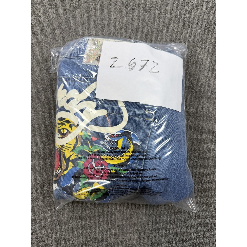 Ed Hardy Jeans Womens 34 Blue Tattoo Snake Skull Rose Baggy Denim Big Print - Picture 11 of 11